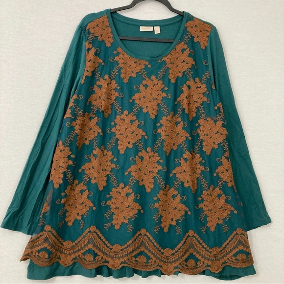 LOGO by Lori Goldstein Green Brown Floral Lace Detail Pull-over Tunic XL - Picture 1 of 9